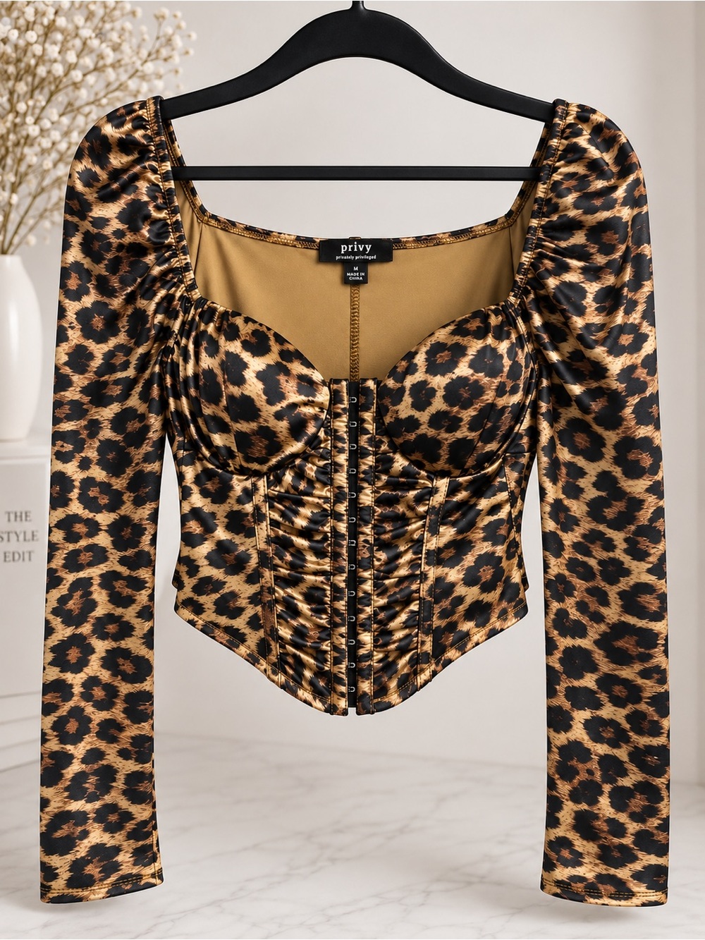 privy Leopard-Print Long Sleeve Corset Crop Top - Brown & Black